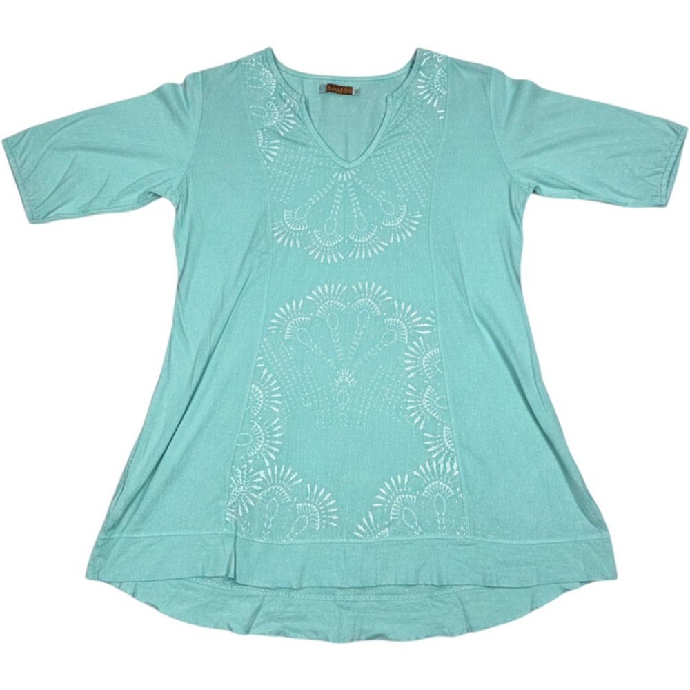 Blue Fish Aqua Teal Cotton Tunic Top Boho Block Print Made in USA Size 1
